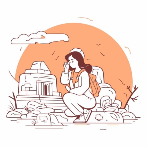 Vector illustration of a girl with a backpack on the background