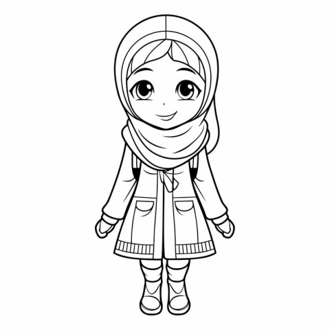 Cute cartoon muslim girl in traditional clothes.