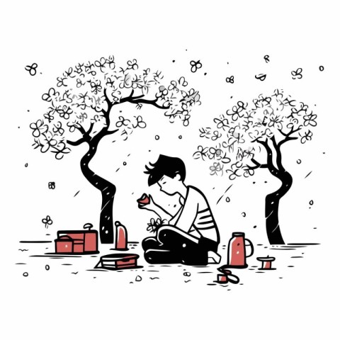 Young man reading a book in the park. Vector hand drawn illustra