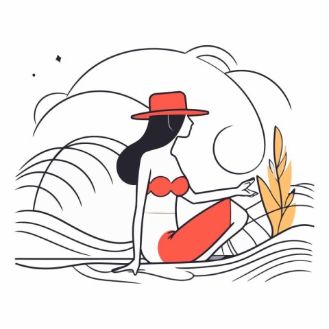 Vector illustration of a girl in a hat sitting on the beach.