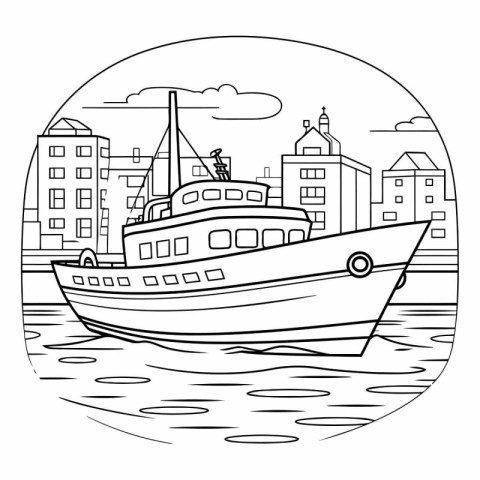 Fishing boat in the city. Black and white vector illustration.