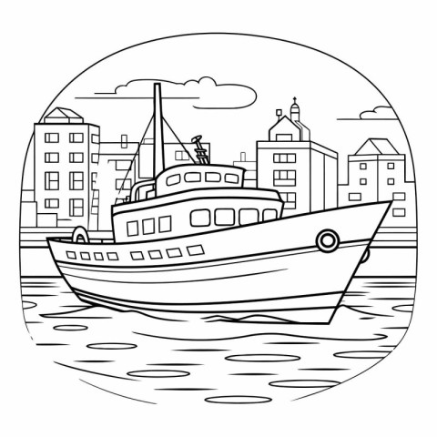 Fishing boat in the city. Black and white vector illustration.