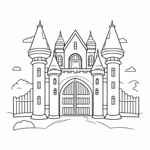 Fairytale castle icon in outline style on a white background.