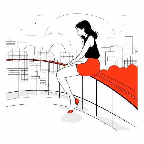 Woman in red skirt on the bridge over the river