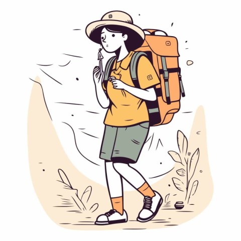 Vector illustration of a tourist girl with a backpack and a map.