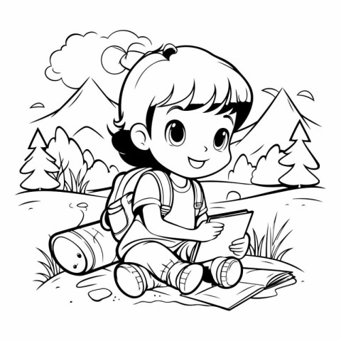 Girl with backpack and laptop in the forest - Coloring book for