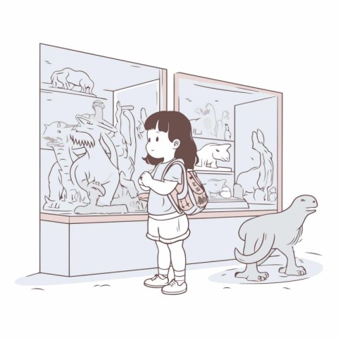 Little girl looking at dinosaurs in the museum. Hand drawn vecto