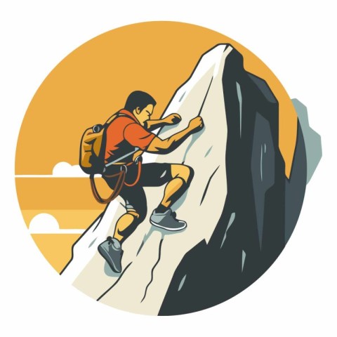 Vector illustration of a male climber climbing up a mountain wit