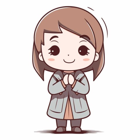 Cute little girl in winter coat. Cartoon style.