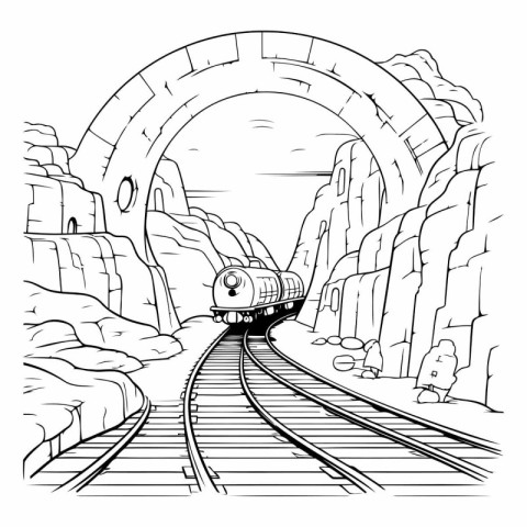 Train in the stone tunnel. vintage line drawing or engraving ill