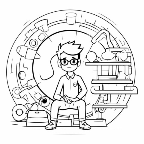 Young man working in the factory. Black and white vector illustr