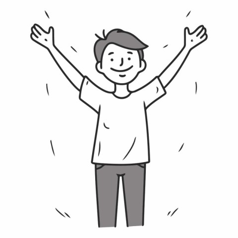 Happy man with raised hands in doodle style.