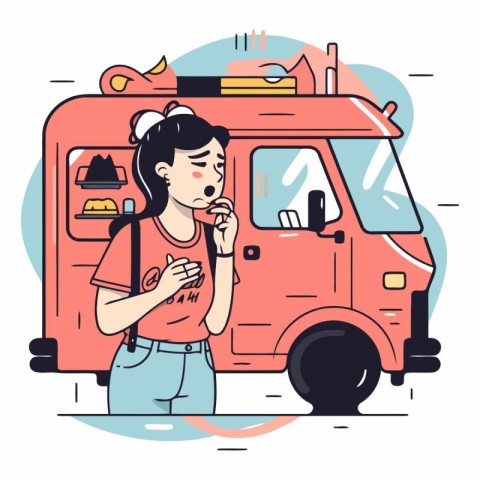 Vector illustration of a woman eating ice cream in front of a va