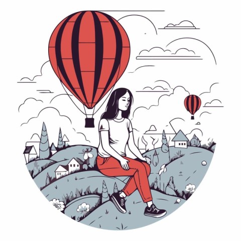 Woman with hot air balloon in the landscape. Hand drawn vector i