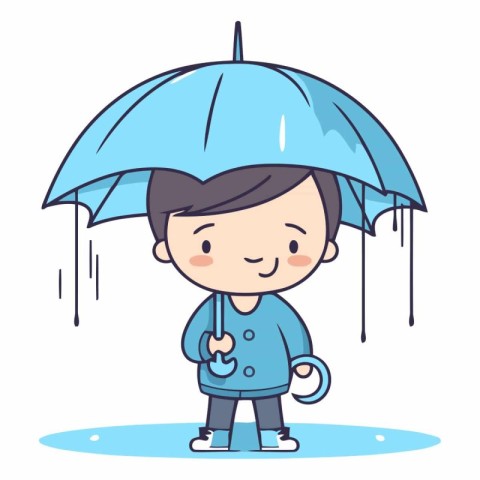 Cute cartoon boy with umbrella on rainy day.