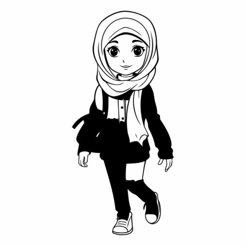 hijab woman cartoon icon over white background. black and white