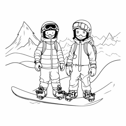 Snowboarders in the mountains. Monochrome vector illustration.