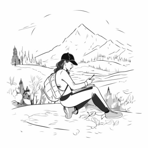 woman with backpack and tablet in the mountains. sketch for your