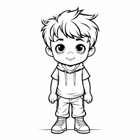 Cute little boy cartoon vector illustration. Black and white dra