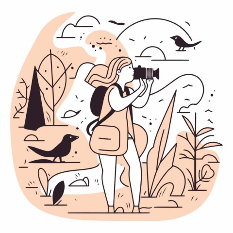 Vector illustration of a girl with a camera and a bird in the pa