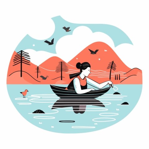 Woman rowing a boat on the lake. Flat vector illustration.