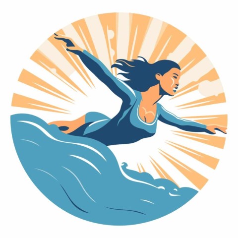 Illustration of a female surfer on a surfboard jumping into the