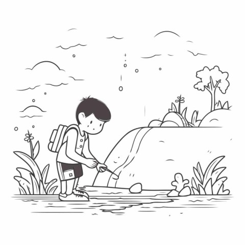 Illustration of a boy watering the grass on a sunny day.