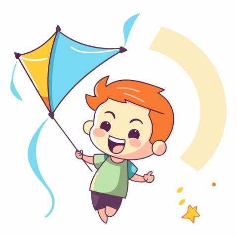 Cute happy boy flying a kite cartoon style.