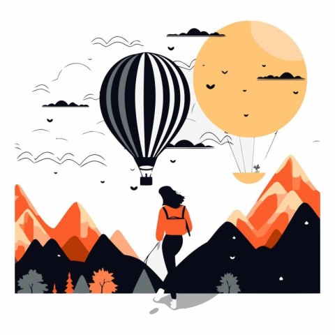 Vector illustration of a woman flying on a hot air balloon in th