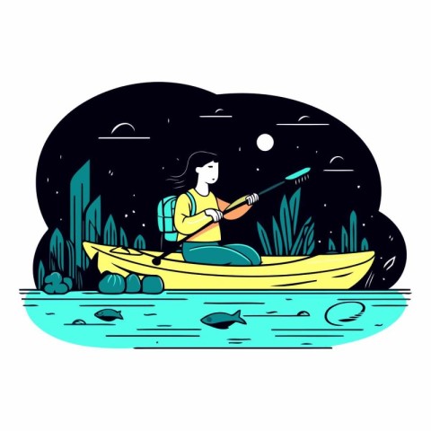 Vector illustration of a girl in a canoe on the river at night.