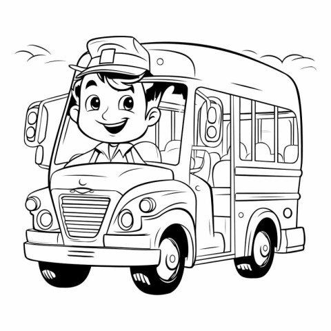 Schoolboy in a school bus. Black and white vector illustration.