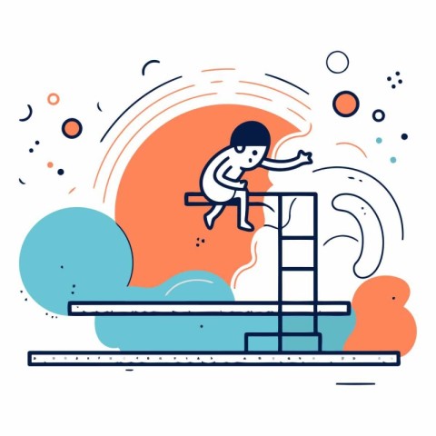 Man climbing on ladder. flat line vector illustration on white b