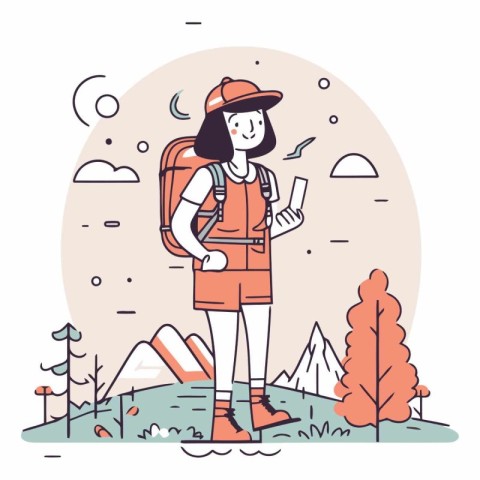 Vector illustration of hiker girl with backpack and mobile phone