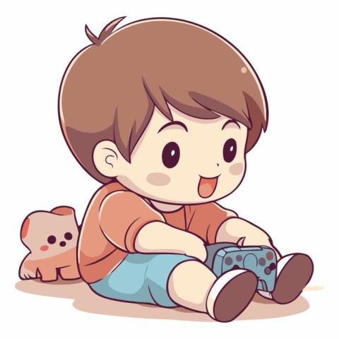 Cute little boy playing with his toy cat.