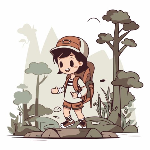 Cute little girl with backpack hiking in the forest.