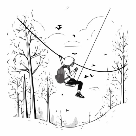 Vector illustration of a boy on a rope swing in the park.