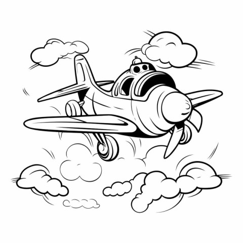 Black and White Cartoon Illustration of Airplane Flying in the C