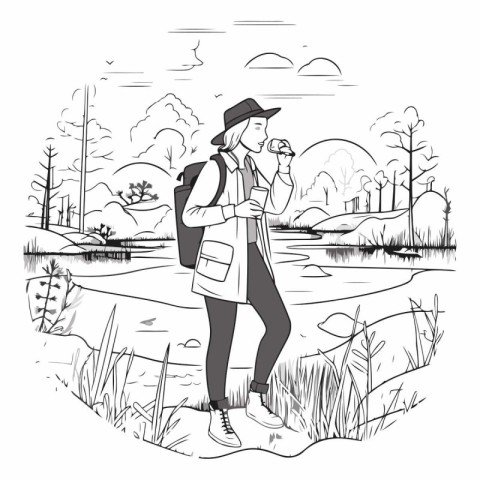 Tourist man with a backpack drinks water in the forest.