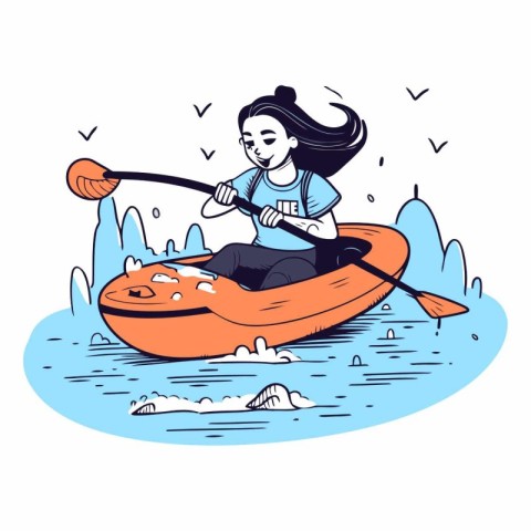 Woman paddling on a kayak in cartoon style.