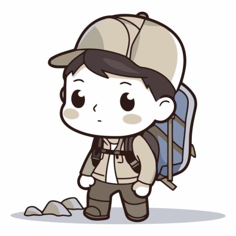 Boy with a backpack going to the mountains on white background.