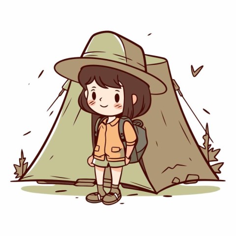 Illustration of a Little Girl Hiking Around a Camping Tent