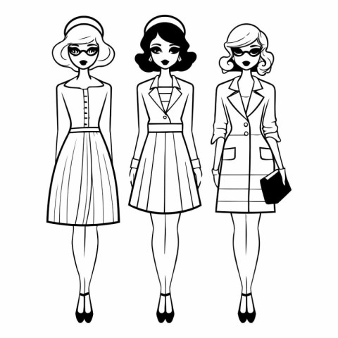 Fashion girls in sketch-style. Black and white.