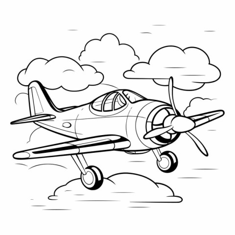 Airplane flying in the sky. Black and white vector illustration.