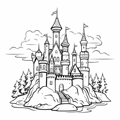 Fairytale castle. Hand drawn vector illustration for coloring bo