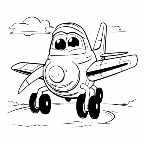 Cartoon airplane on the runway for coloring book.