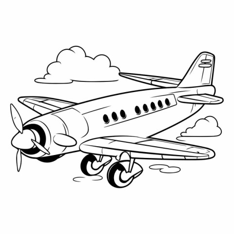 airplane flying with clouds icon cartoon in black and white vect