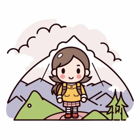 Illustration of a Kid Girl Hiking in the Mountains - Vector