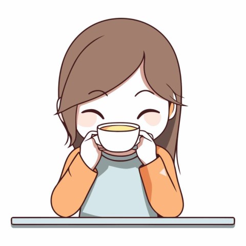 Illustration of a cute little girl drinking a cup of tea.