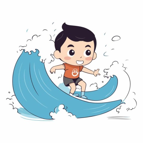 Boy surfing in the sea of a cartoon character.