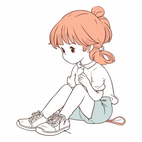 Girl sitting on the floor and thinking in cartoon style.